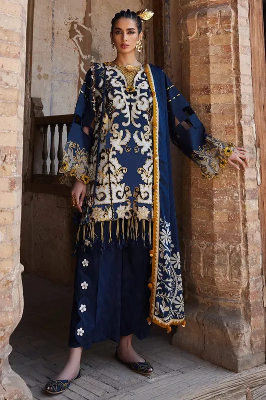 Elan Luxury Lawn 25 Dark Blue Organza – view 1 – Poshaq
