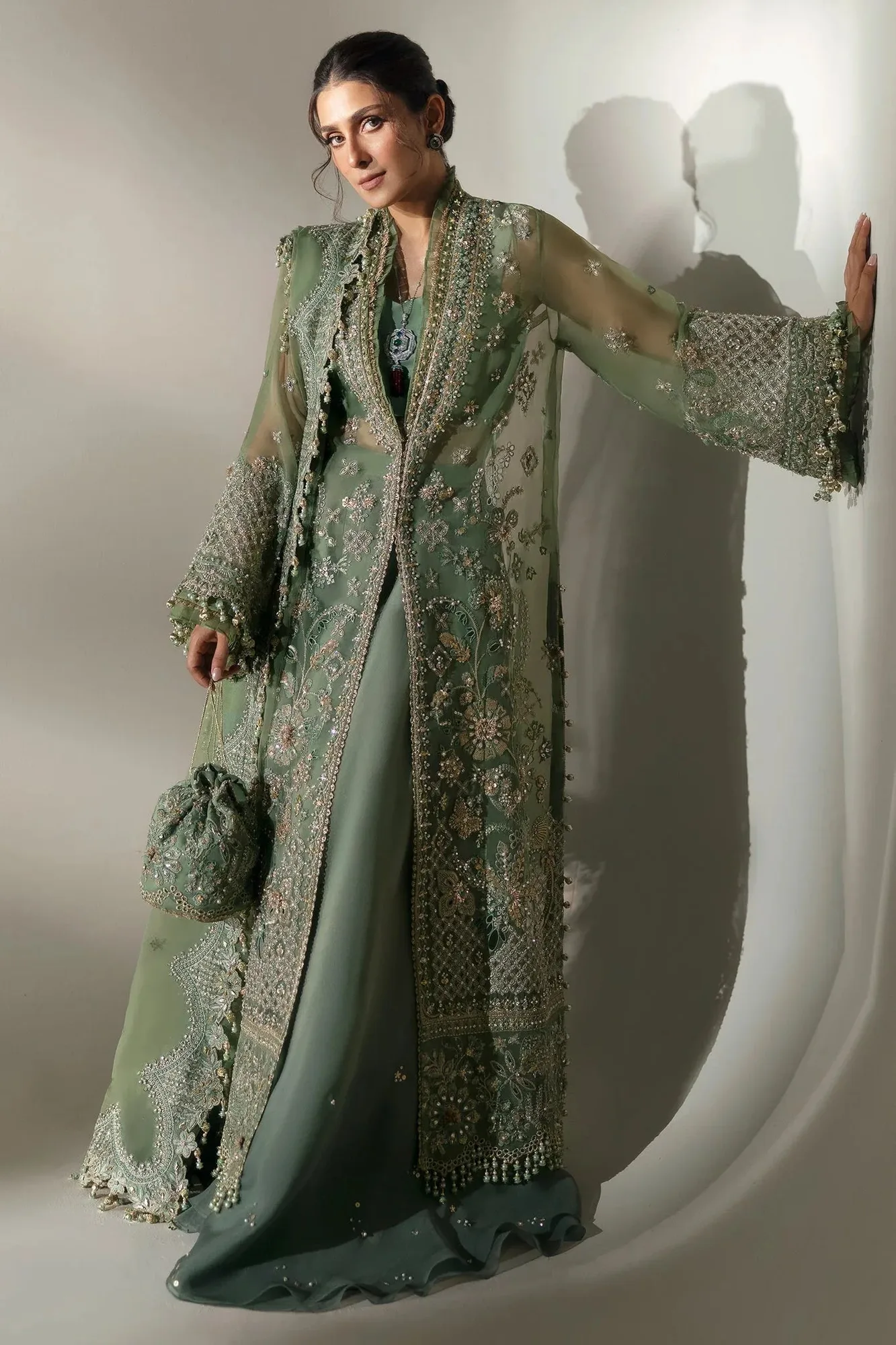 Elan Wedding Festive 24 Deep Olive Green Organza – view 2 – Poshaq