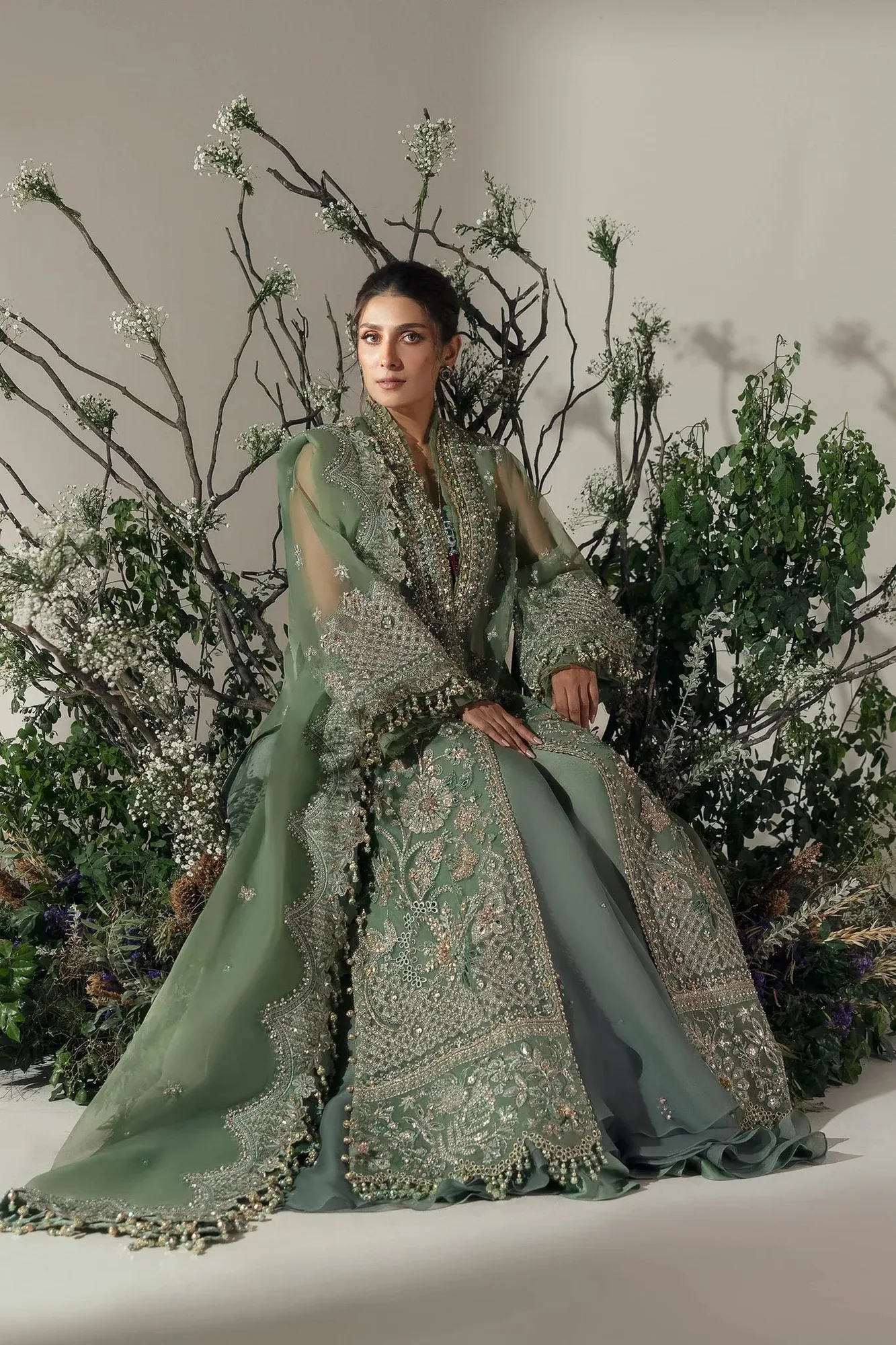 Elan Wedding Festive 24 Deep Olive Green Organza – view 3 – Poshaq