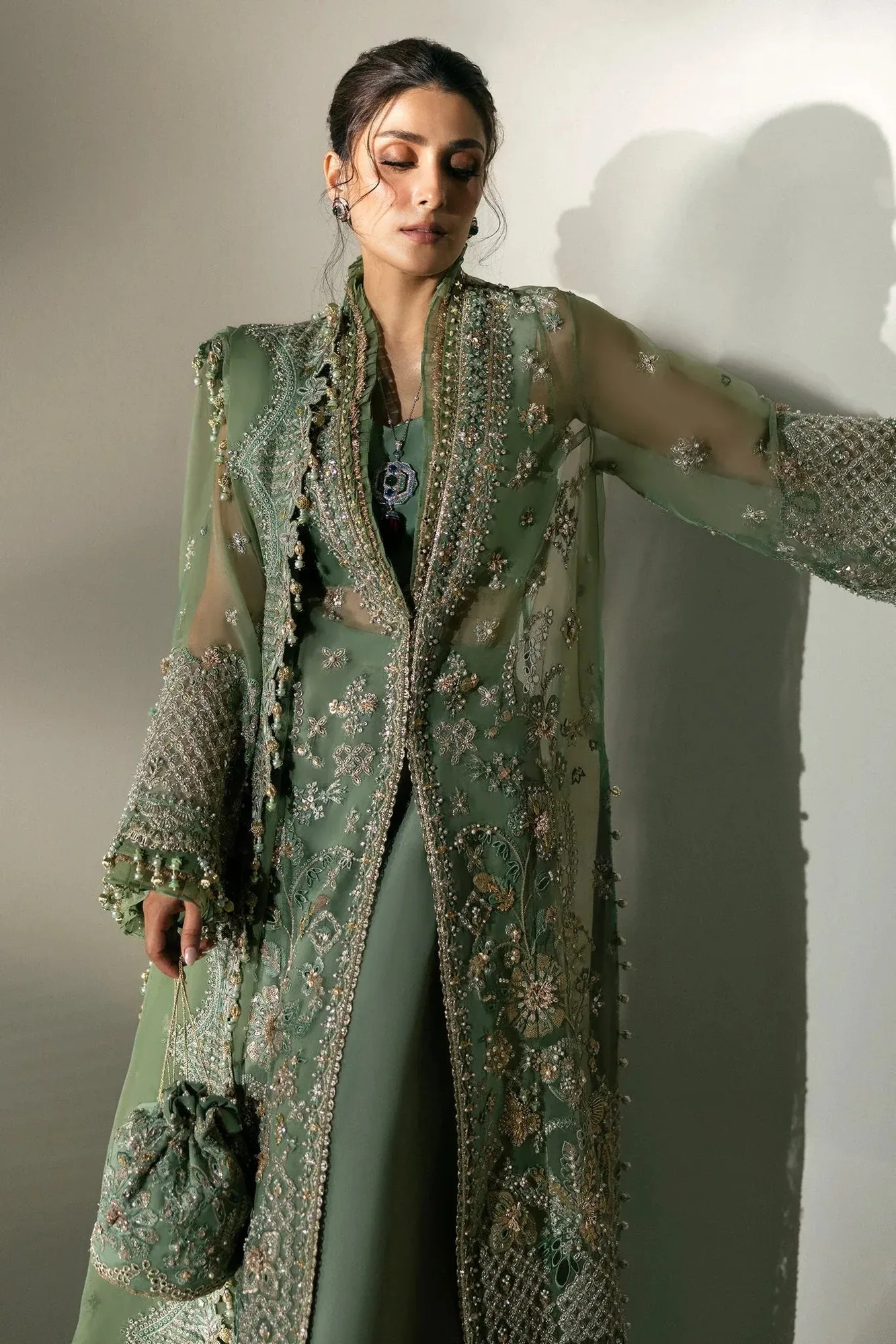 Elan Wedding Festive 24 Deep Olive Green Organza – view 4 – Poshaq