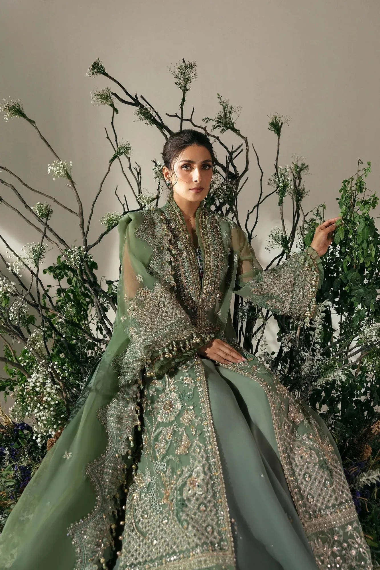 Elan Wedding Festive 24 Deep Olive Green Organza – view 5 – Poshaq