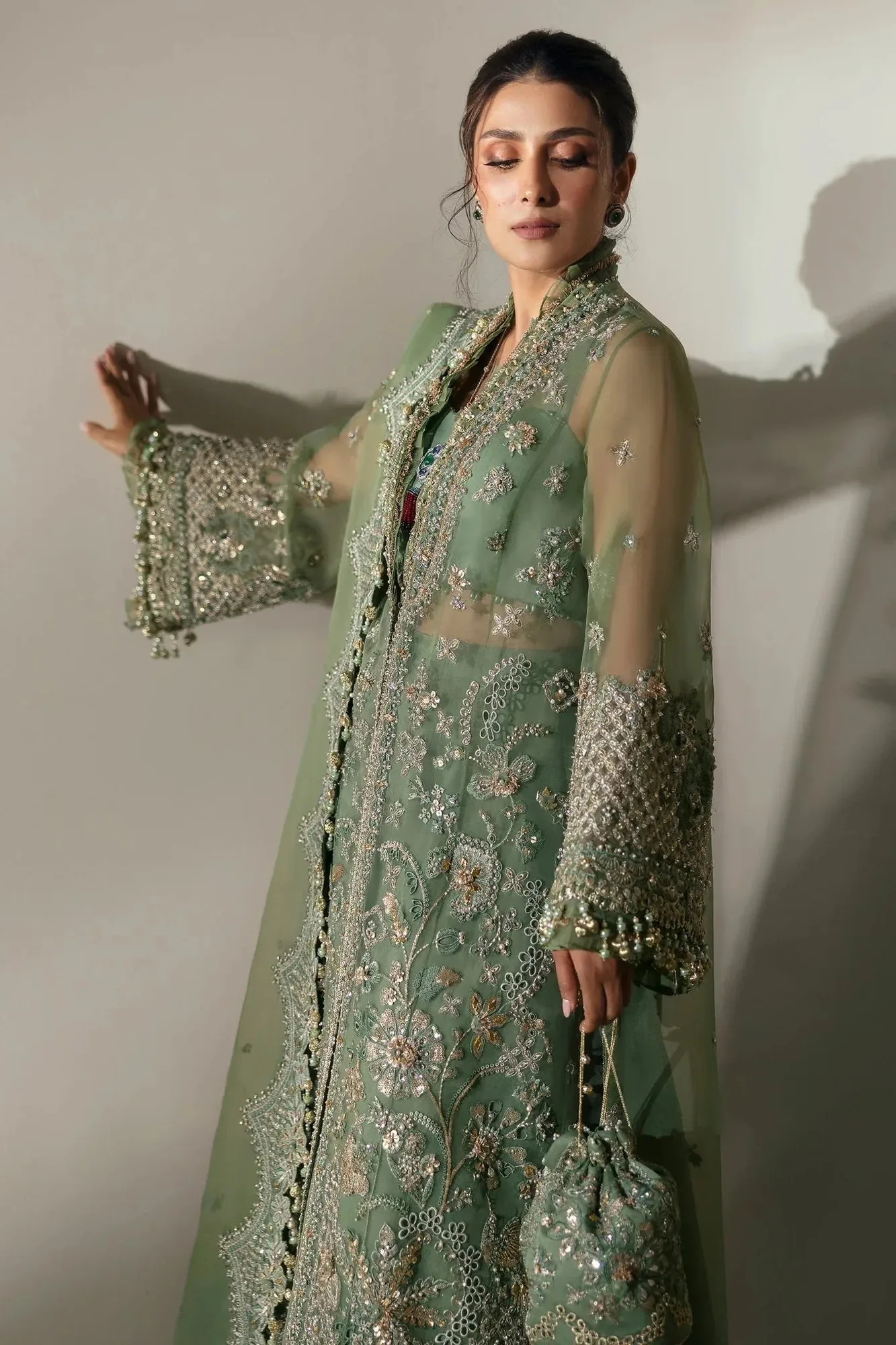 Elan Wedding Festive 24 Deep Olive Green Organza – view 6 – Poshaq