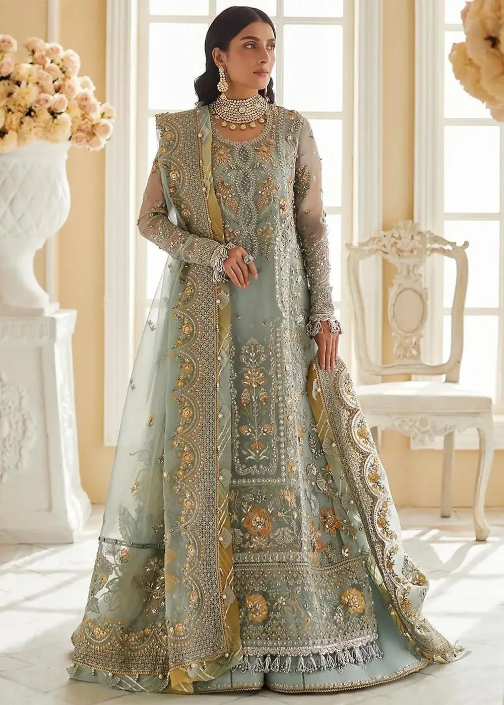 Elan Wedding Festive 23 Sea Green Raw Silk – view 1 – Poshaq