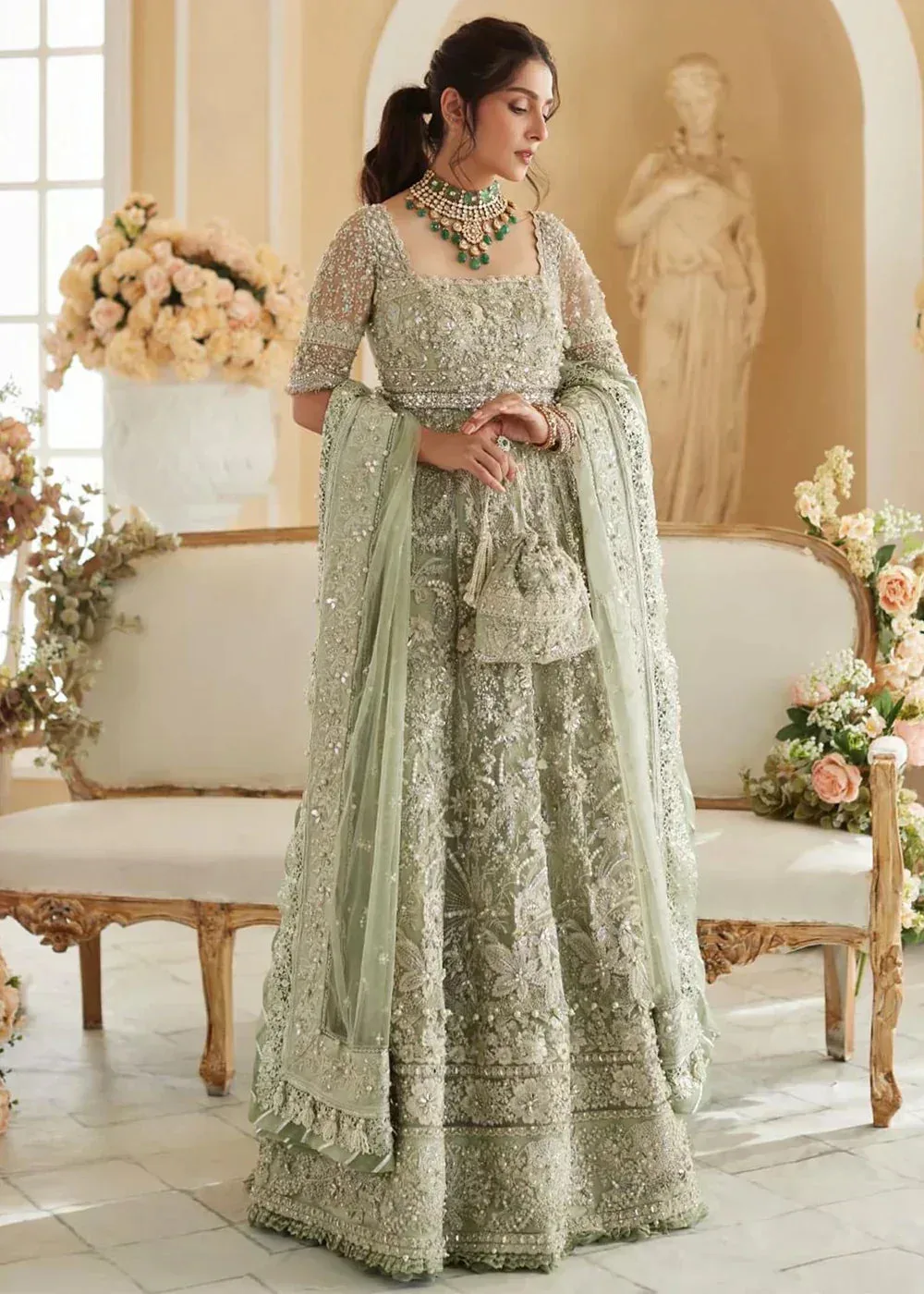 Elan Wedding Festive 2023 Green Raw Silk – view 1 – Poshaq