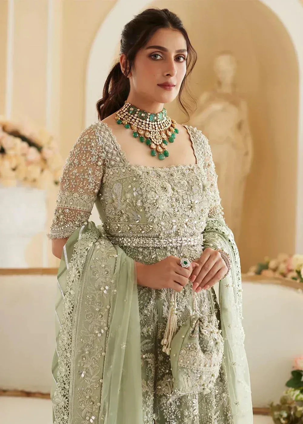 Elan Wedding Festive 2023 Green Raw Silk – view 3 – Poshaq