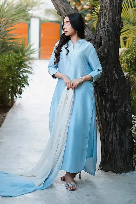 Erum Khan Nue 25 Light Blue Raw Silk – view 1 – Poshaq