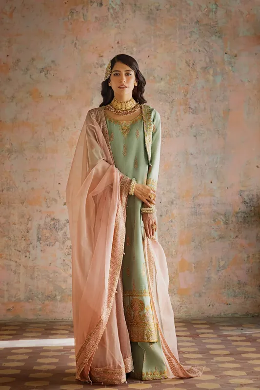 Erum Khan Umaima Eid Edit Sage Green Raw Silk – view 1 – Poshaq