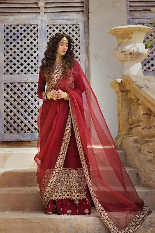Erum Khan Umaima Eid Edit Maroon Raw Silk – view 1 – Poshaq