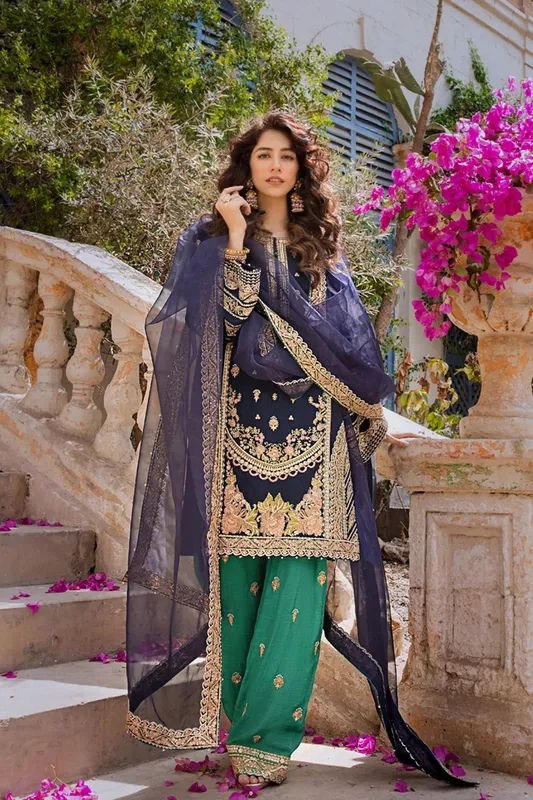 Erum Khan Umaima Eid Edit Navy Blue Raw Silk – view 1 – Poshaq