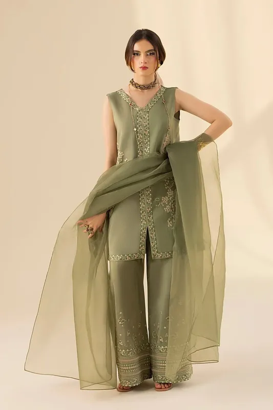 Erum Khan Lillia Summer Edit Greenish Grey Organza – view 1 – Poshaq