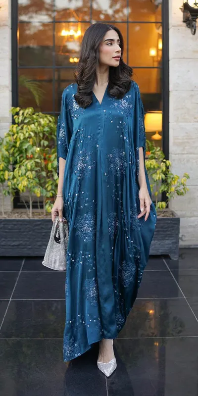 Erum Khan Velvet Wisper Teal Blue Velvet – view 1 – Poshaq