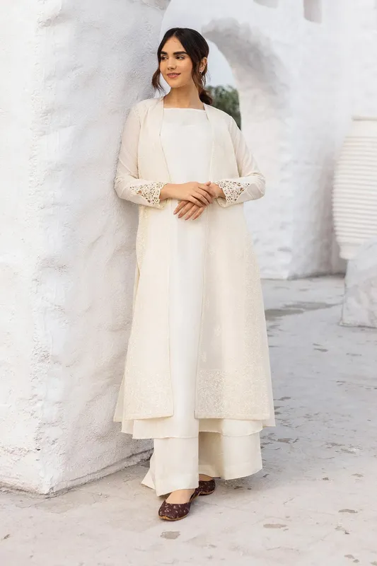 White long open jacket with silk embroidery – view 1 – Poshaq
