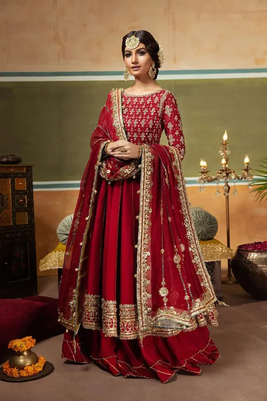 Erum Khan Begham Jaan Bridal Formals Maroon Organza – view 1 – Poshaq