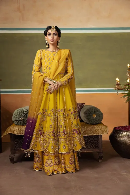 Erum Khan Begham Jaan Bridal Formals Mustard Organza – view 1 – Poshaq