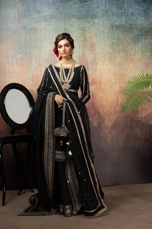 Erum Khan Begham Jaan Bridal Formals Black Raw Silk – view 1 – Poshaq