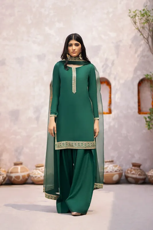 Erum Khan Sakhiyan Formals Bottle Green Raw Silk – view 1 – Poshaq