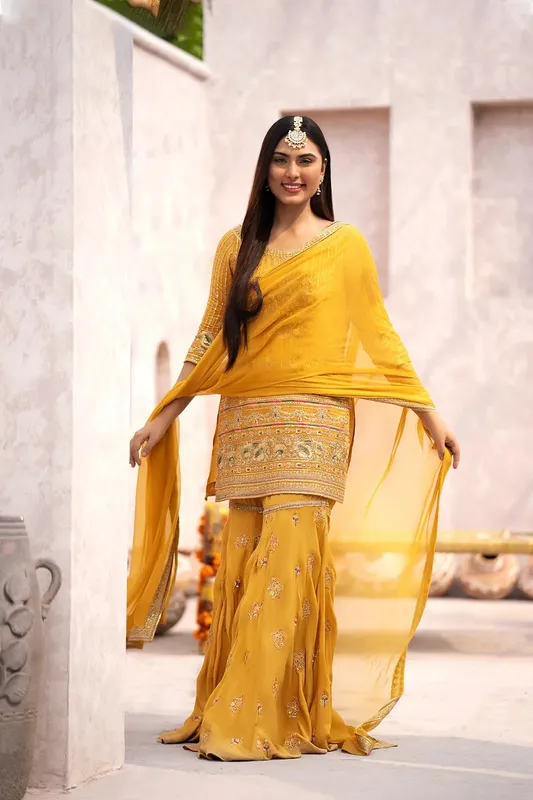 Erum Khan Sakhiyan Formals Mustard Raw Silk – view 1 – Poshaq