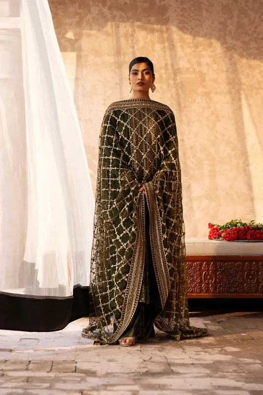 Erum Khan Sakhiyan Formals Green Velvet – view 1 – Poshaq