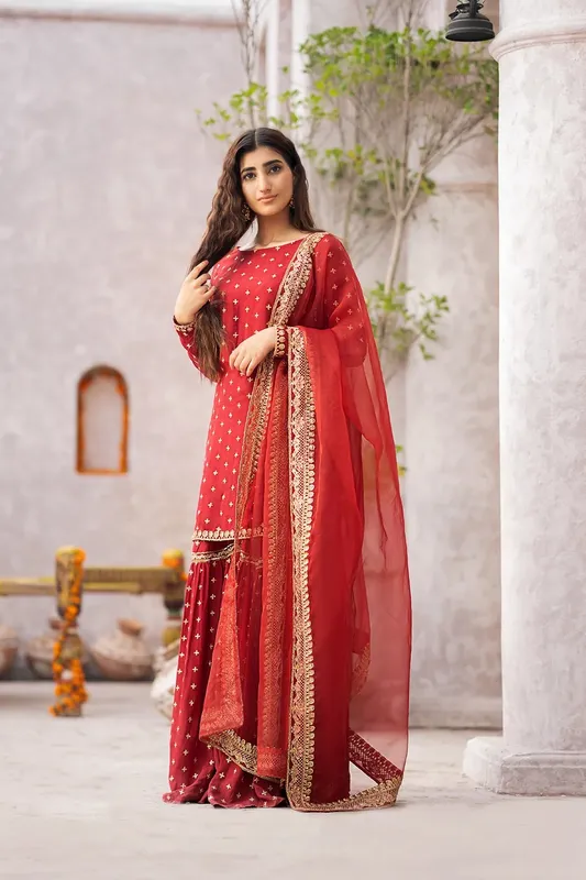Erum Khan Sakhiyan Formals Red Raw Silk – view 1 – Poshaq