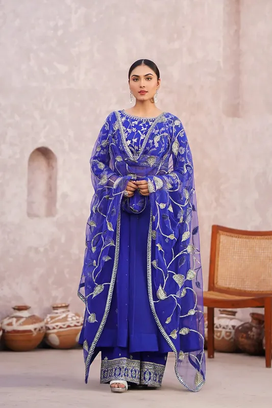 Erum Khan Sakhiyan Formals Blue Raw Silk – view 1 – Poshaq