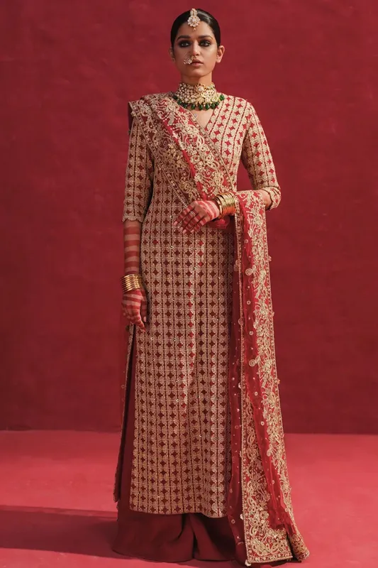Erum Khan Laal Rang Red Raw Silk – view 1 – Poshaq