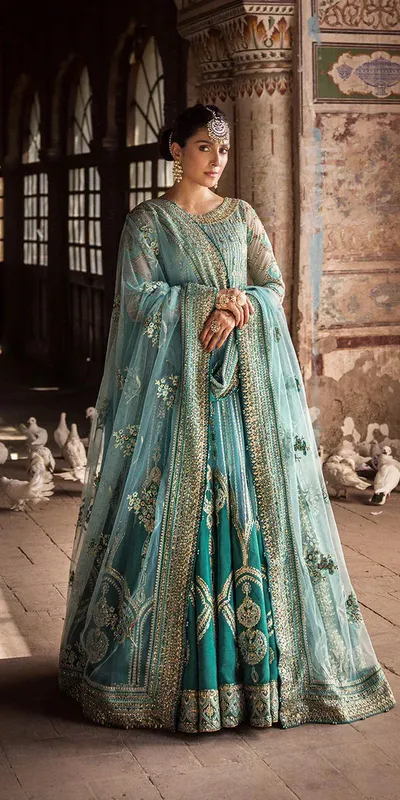 Erum Khan Jahan Wedding Formals Turquoise Raw Silk – view 1 – Poshaq