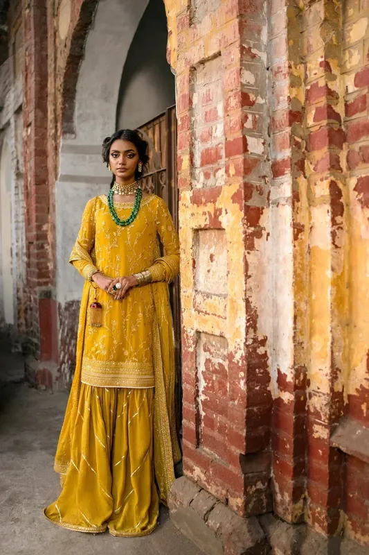 Erum Khan Mannat Formals Mustard Raw Silk – view 1 – Poshaq