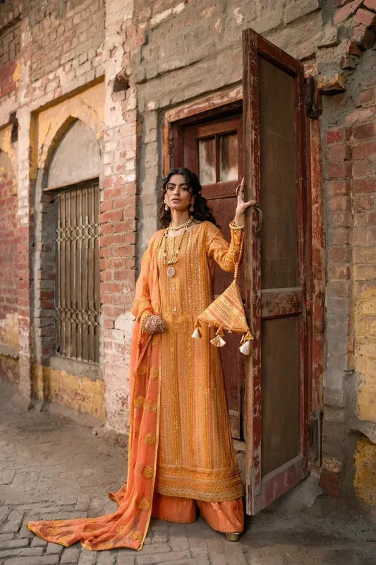 Erum Khan Mannat Formals Orange Chiffon – view 1 – Poshaq