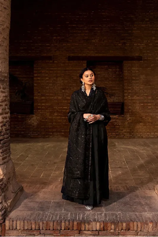 Erum Khan Shezadian Luxe Formals Black Raw Silk – view 1 – Poshaq