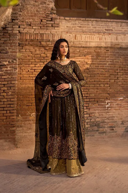 Erum Khan Shezadian Luxe Formals Black Raw Silk – view 1 – Poshaq