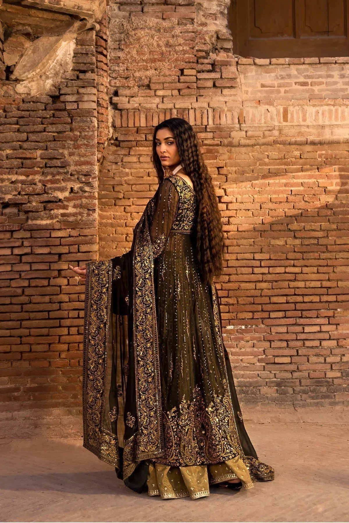 Erum Khan Shezadian Luxe Formals Black Raw Silk – view 2 – Poshaq