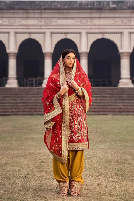 Erum Khan Shezadian Luxe Formals Red Raw Silk – view 1 – Poshaq