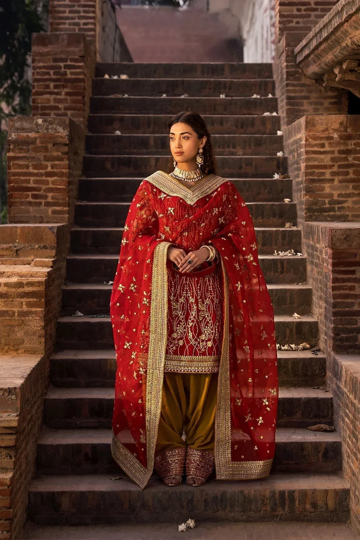 Erum Khan Shezadian Luxe Formals Red Raw Silk – view 3 – Poshaq