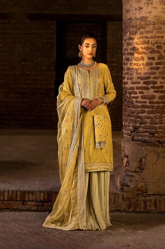 Erum Khan Shezadian Luxe Formals Yellow Raw Silk – view 1 – Poshaq