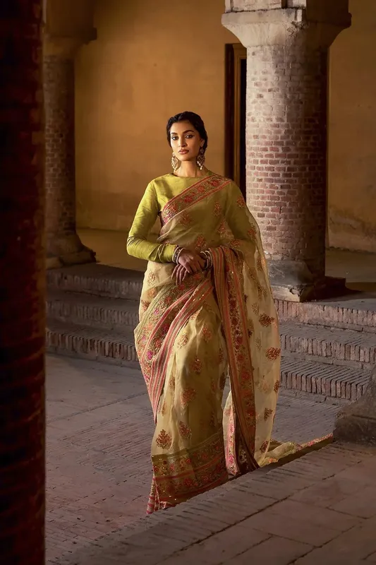 Erum Khan Shezadian Luxe Formals Green Raw Silk – view 1 – Poshaq