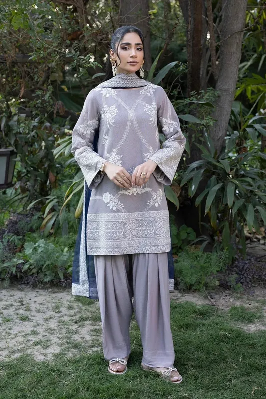 Erum Khan Shahzeen Eid Collection Grey Raw Silk – view 1 – Poshaq