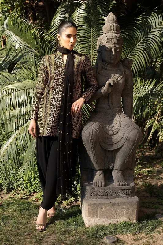Erum Khan Shahzeen Eid Collection Black Raw Silk – view 1 – Poshaq