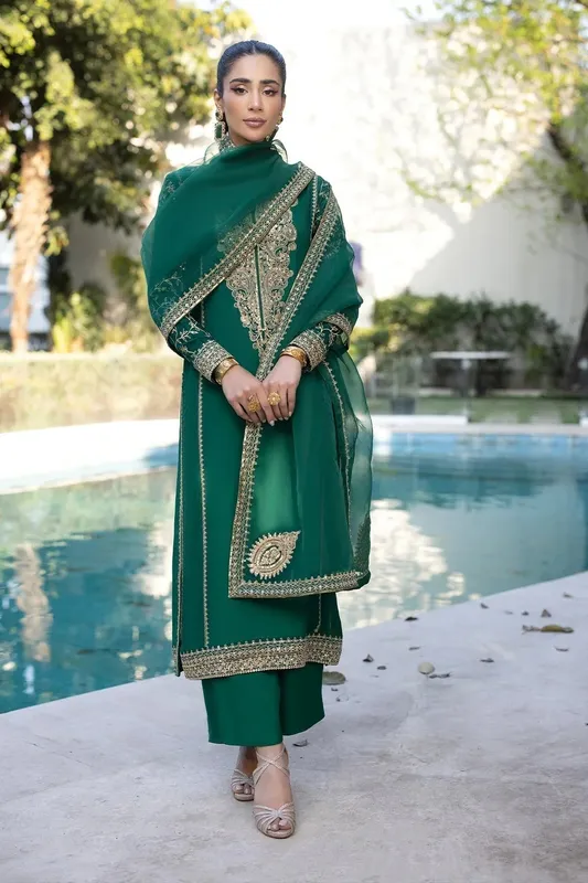 Erum Khan Shahzeen Eid Collection Bottle Green Raw Silk – view 1 – Poshaq