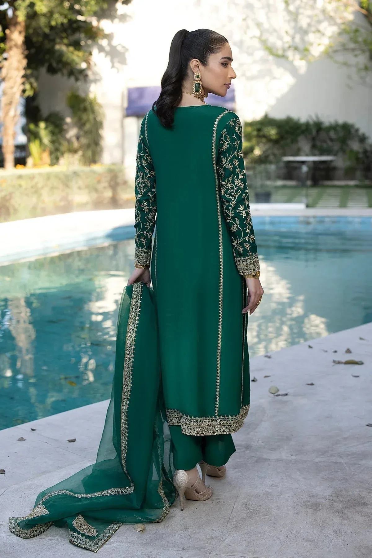 Erum Khan Shahzeen Eid Collection Bottle Green Raw Silk – view 2 – Poshaq
