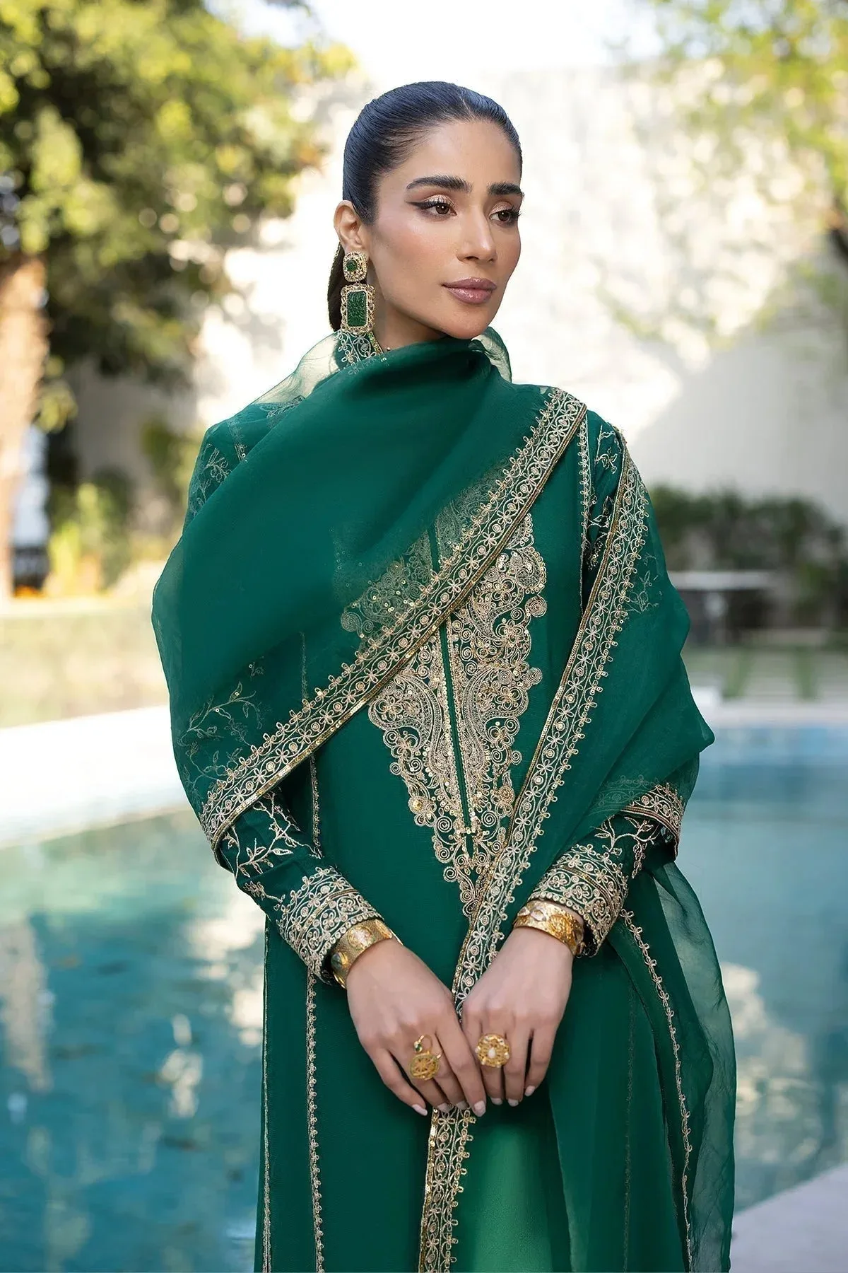Erum Khan Shahzeen Eid Collection Bottle Green Raw Silk – view 4 – Poshaq