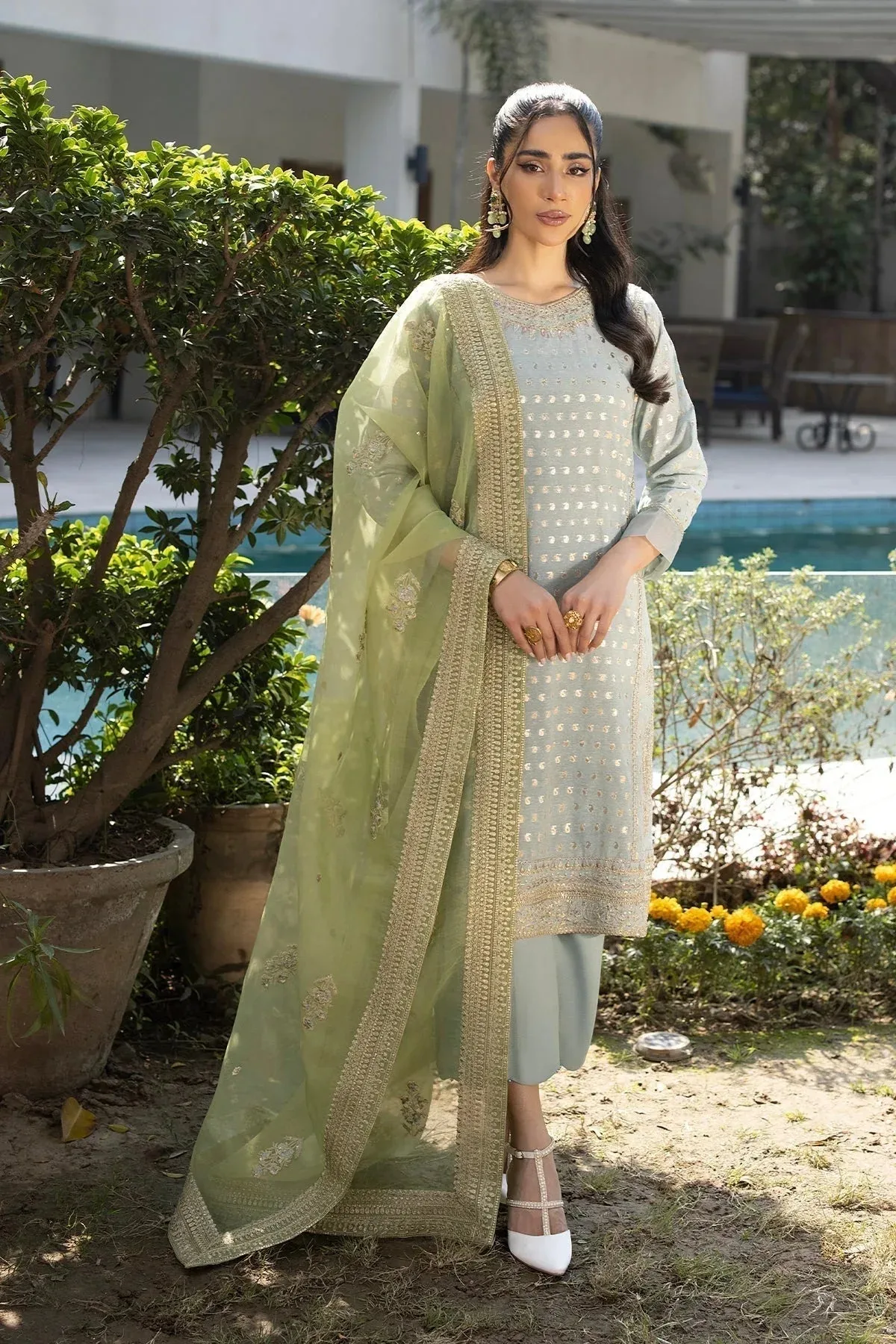 Erum Khan Shahzeen Eid Collection Green Raw Silk – view 1 – Poshaq