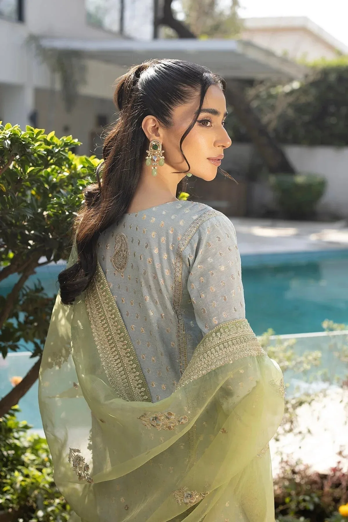 Erum Khan Shahzeen Eid Collection Green Raw Silk – view 2 – Poshaq