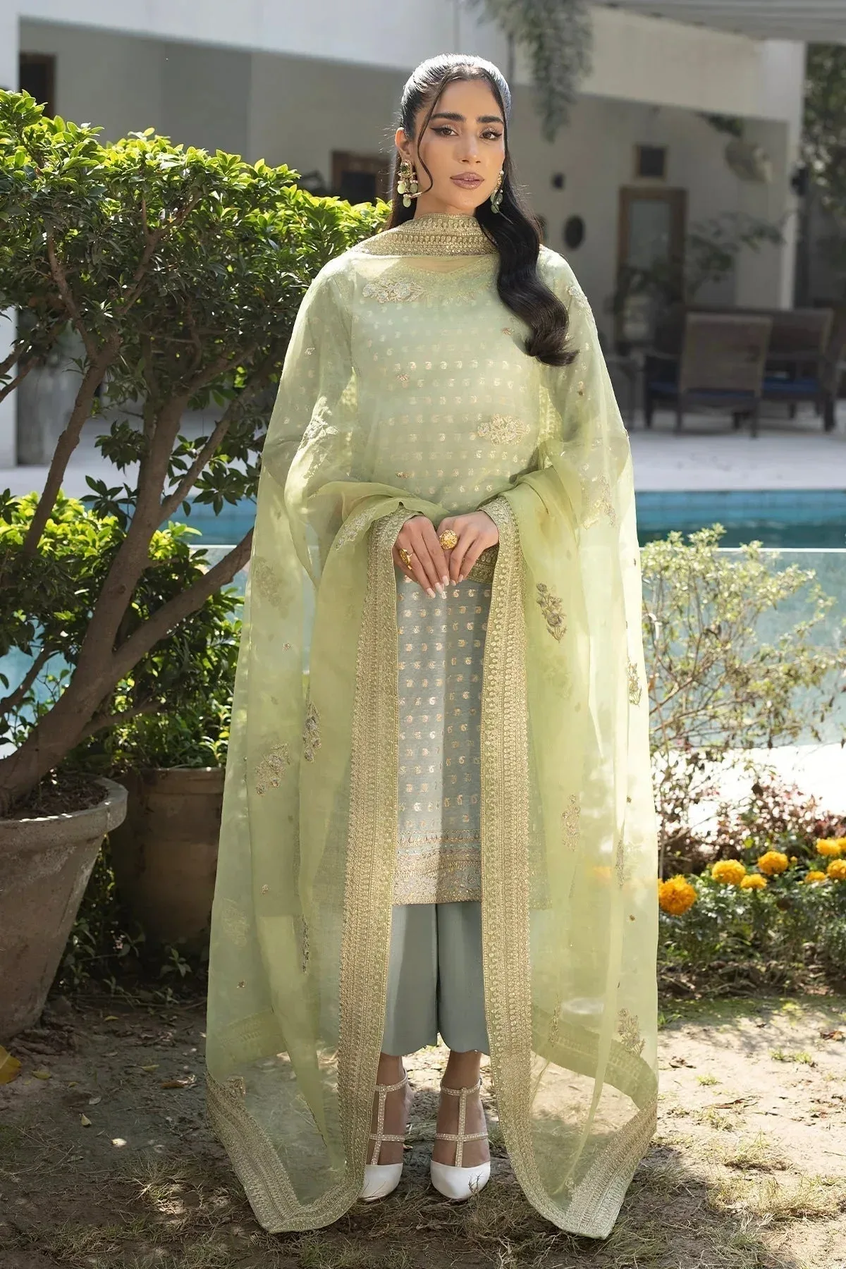 Erum Khan Shahzeen Eid Collection Green Raw Silk – view 3 – Poshaq