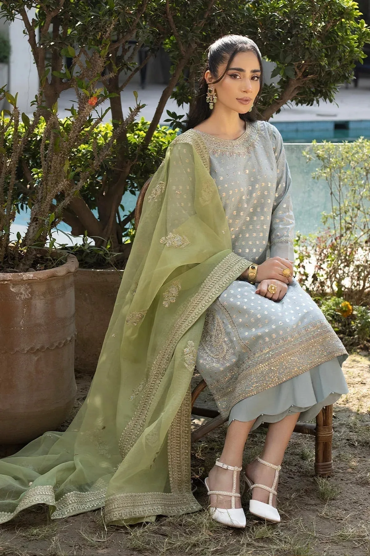 Erum Khan Shahzeen Eid Collection Green Raw Silk – view 4 – Poshaq
