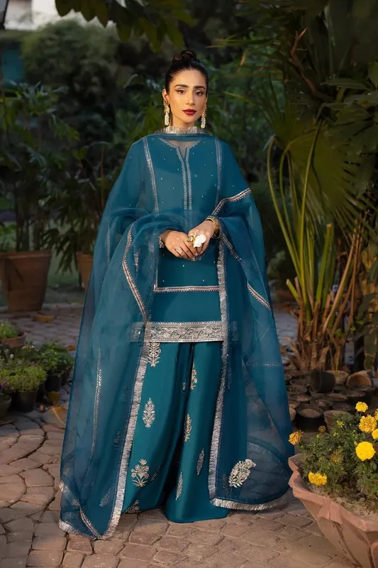 Erum Khan Shahzeen Eid Collection Teal Raw Silk – view 1 – Poshaq