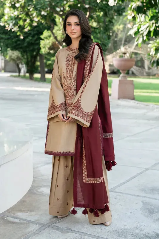 Baroque Luxury Pret 25 Beige Khaddar – view 1 – Poshaq