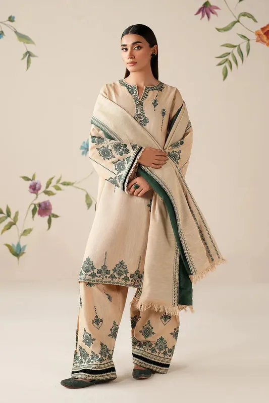 Baroque Luxury Pret 25 Beige Khaddar – view 1 – Poshaq