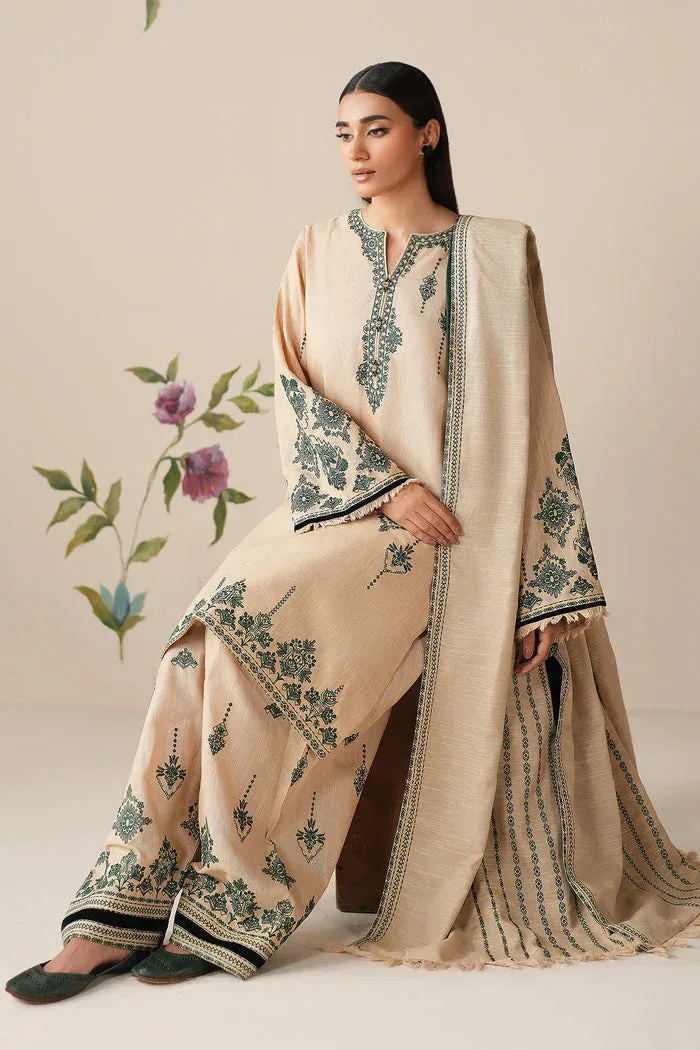 Baroque Luxury Pret 25 Beige Khaddar – view 5 – Poshaq