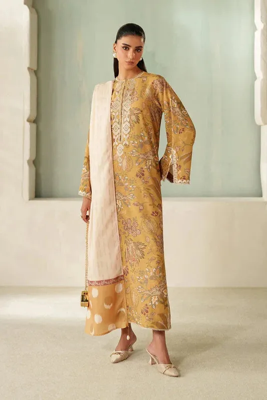Baroque Luxury Pret 25 Mustard Yellow Pashmina – view 1 – Poshaq