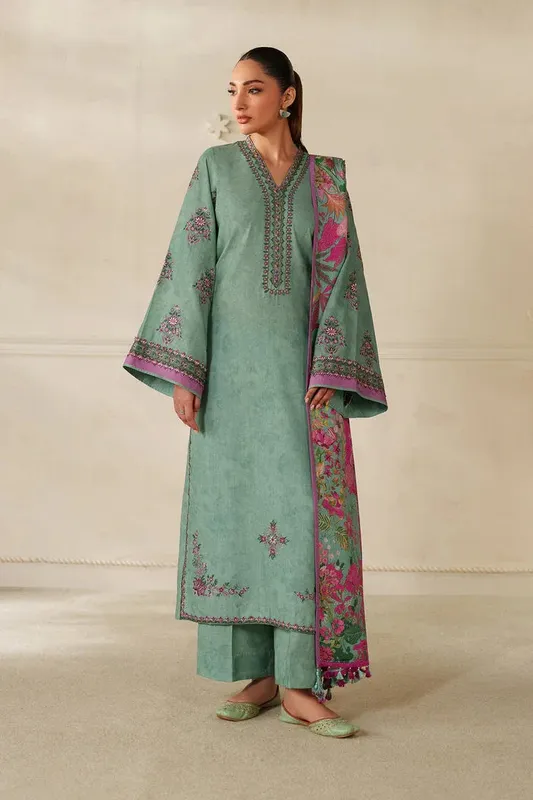 Baroque Luxury Pret 25 Sea Green Pashmina – view 1 – Poshaq